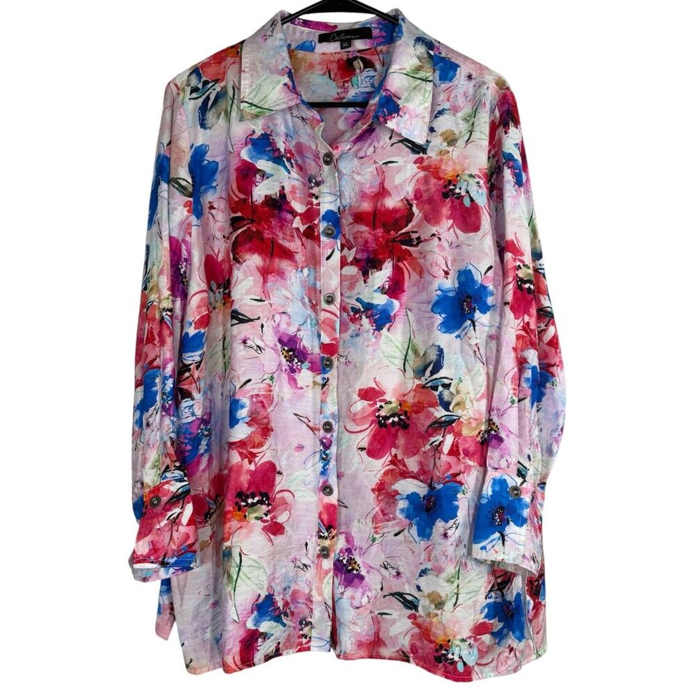 NWT Caleoas Womens Floral Button Up Top Sz XL Boho Feminine Cotton Lightweiight